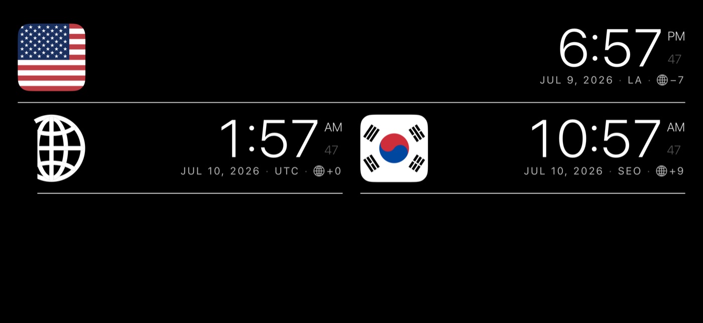 AllyClock World Cards face showing Los Angeles, UTC, and Seoul times with flags